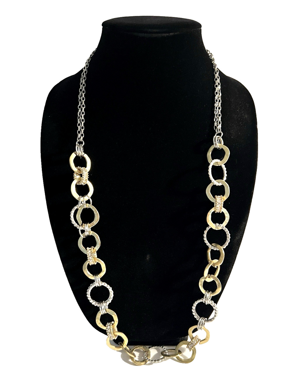 Chico's Chain Necklace Two Tone Hammered Double Link Chain Rhinestones Chunky